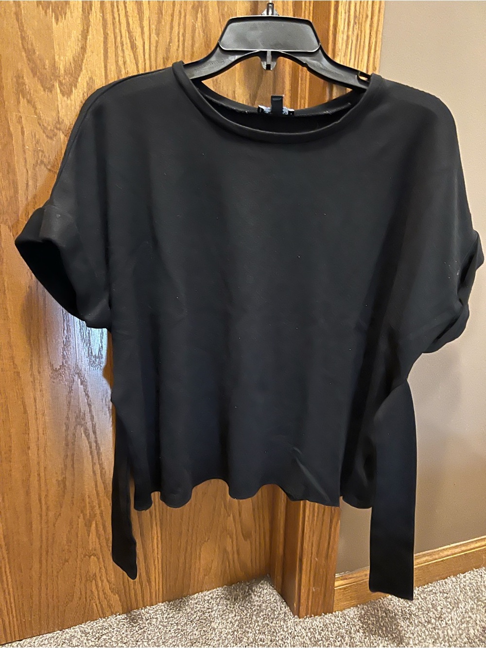 Tie Waist Black Women's Short Sleeve Top